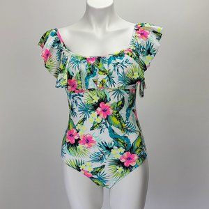 Arizona Jean Company One Piece Tropical Print‎ Ruffled Swimsuit